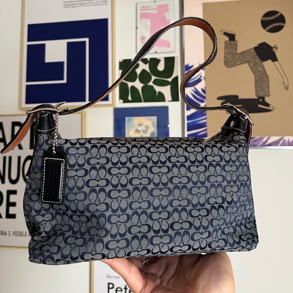 Vintage Coach Black/Navy Blue Leather Print Handbag
